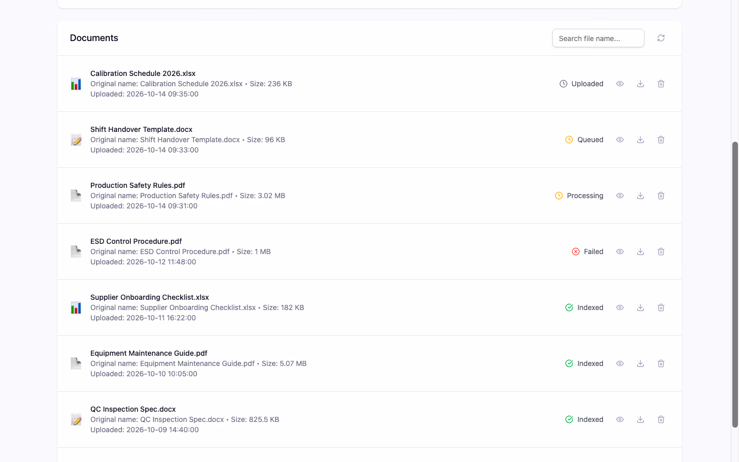 Knowledge base — per-file processing status, polled until done
