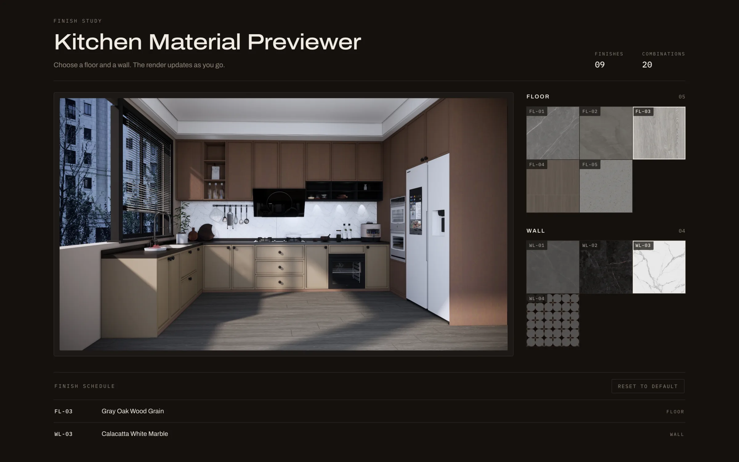 FL-03 gray oak with WL-03 calacatta white — the same render, two layers swapped