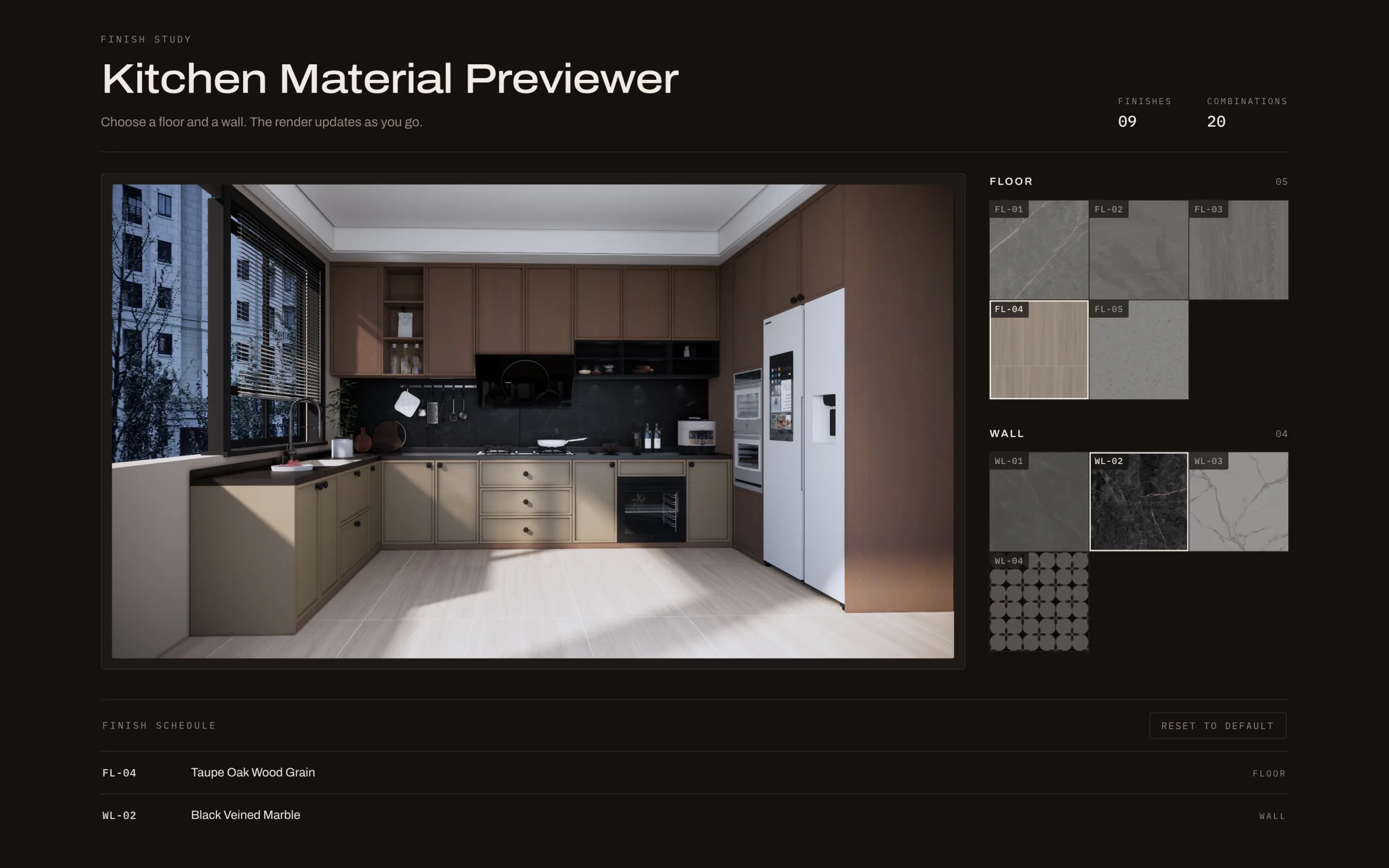 FL-04 taupe oak with WL-02 black veined marble — light floor, dark backsplash
