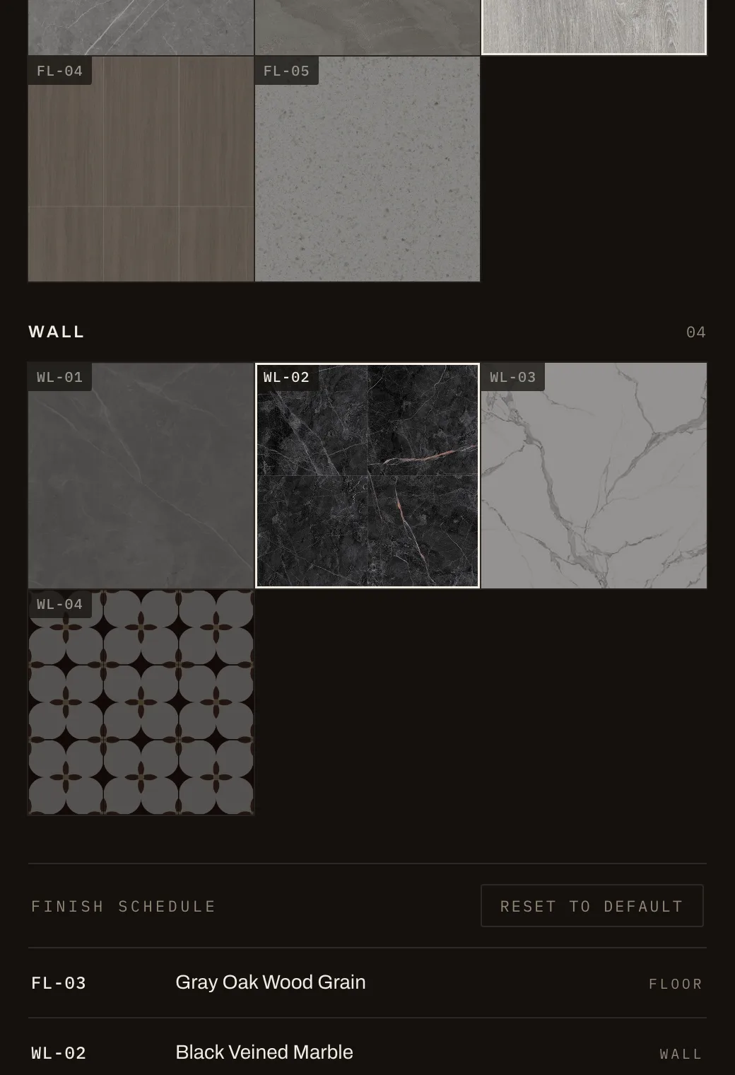 …and the sample trays and finish schedule follow underneath, one column all the way down