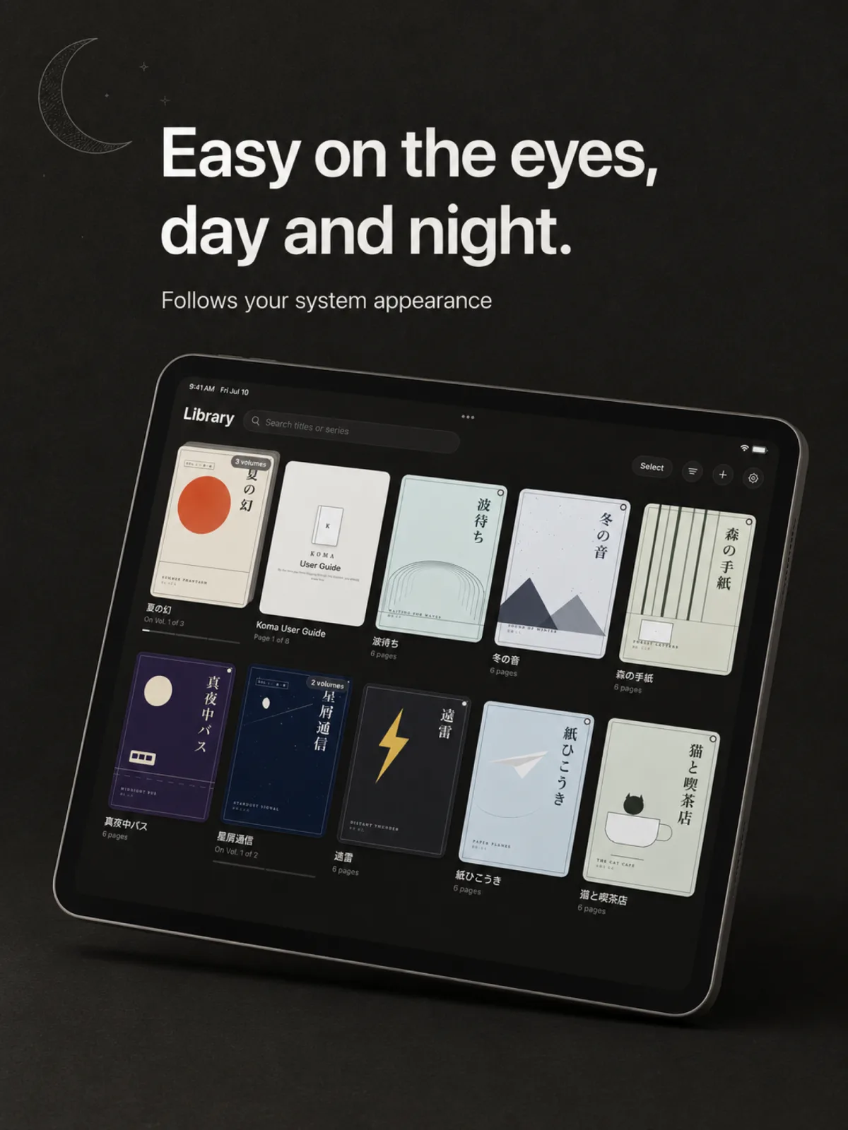 Dark mode — the same ink-and-paper design system, tuned for night reading