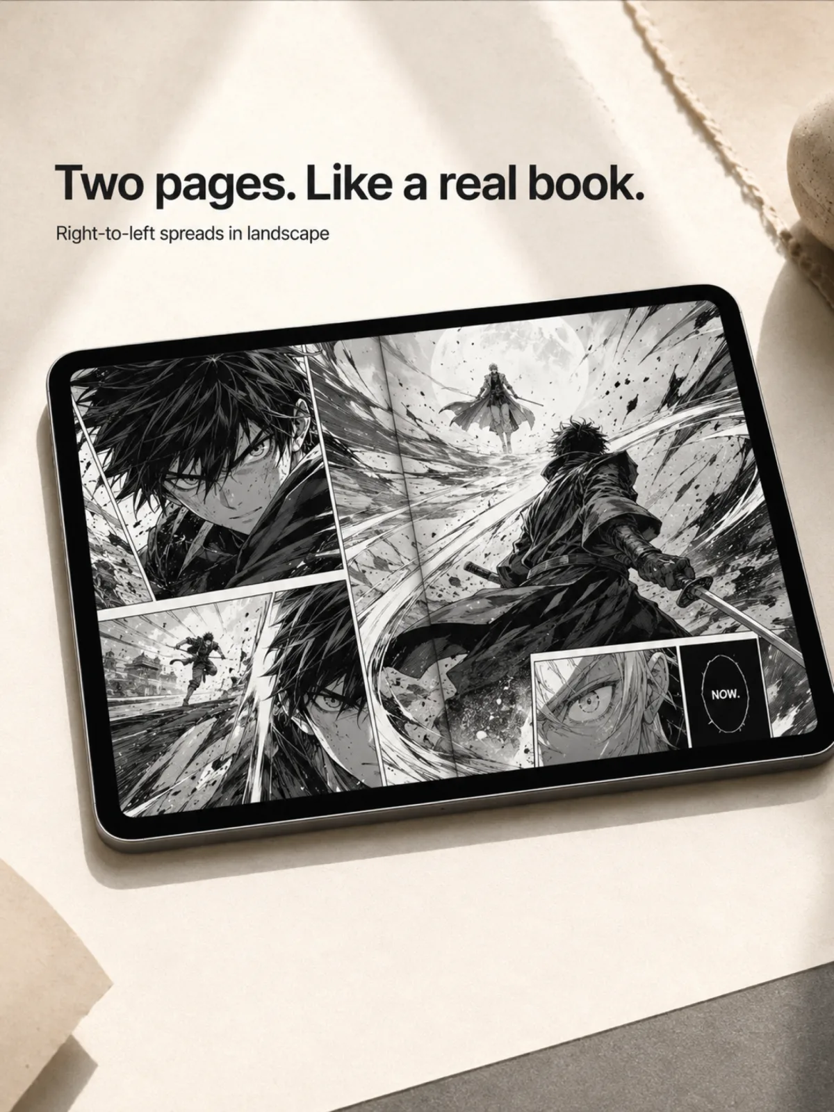 Landscape spreads — wide pages detected at import and given the full screen, like a real book