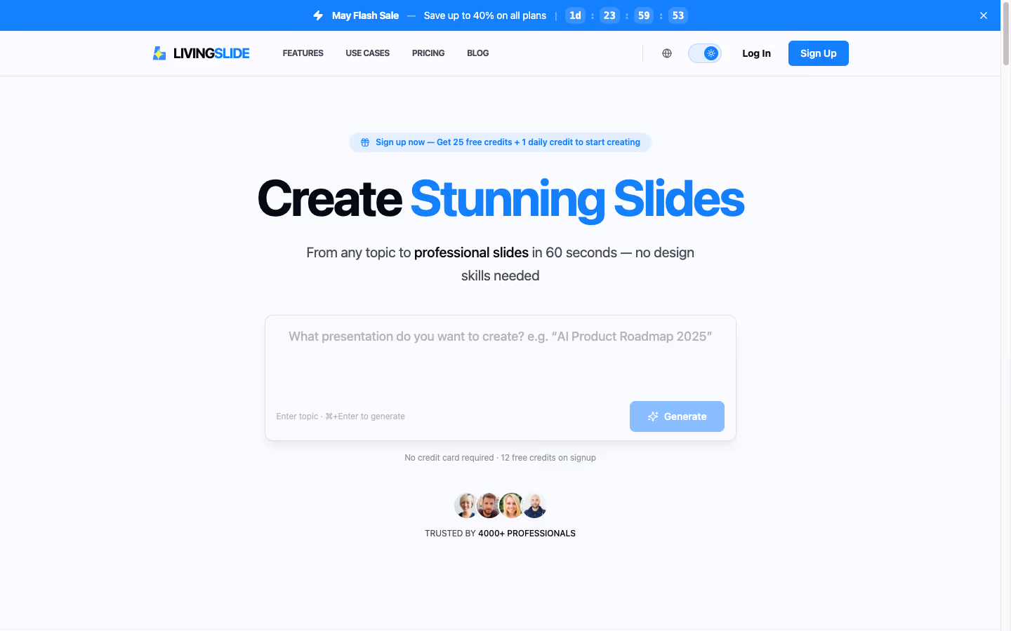 Marketing home — one input box, one button, then watch a deck appear