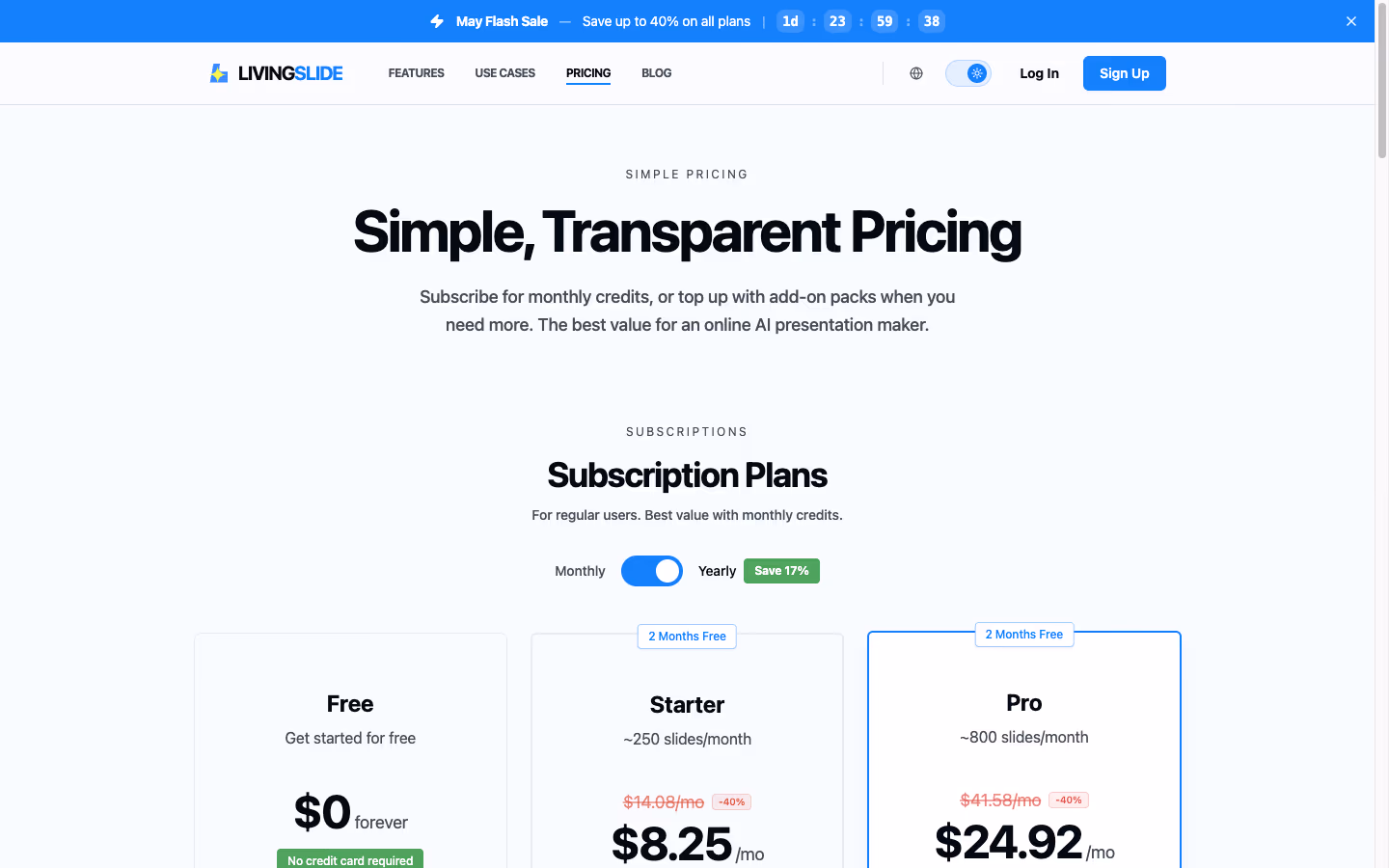 Pricing — Stripe-billed subscriptions and credit packs that never expire
