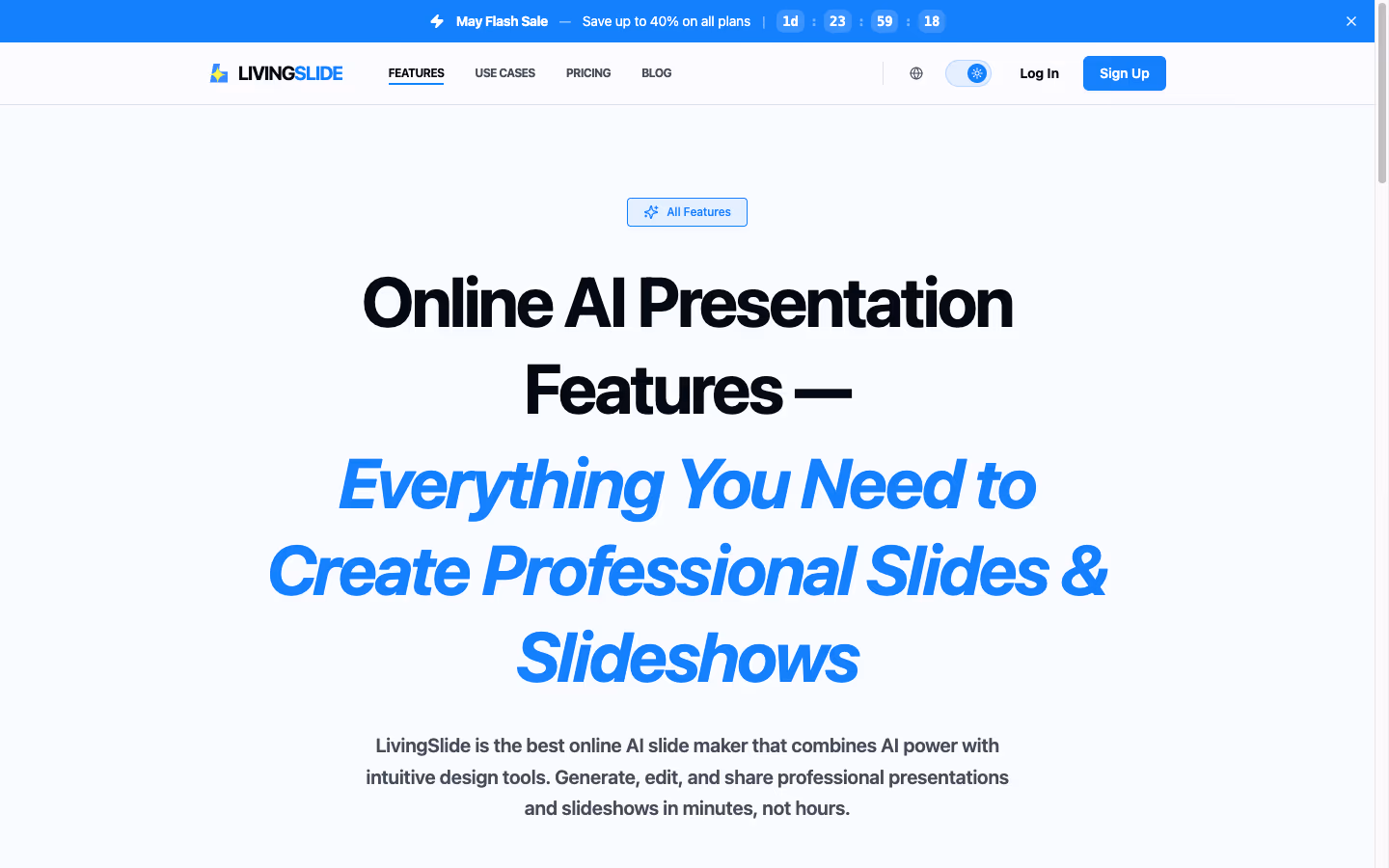Features page surfaces all the AI capabilities — generation, smart slides, editing