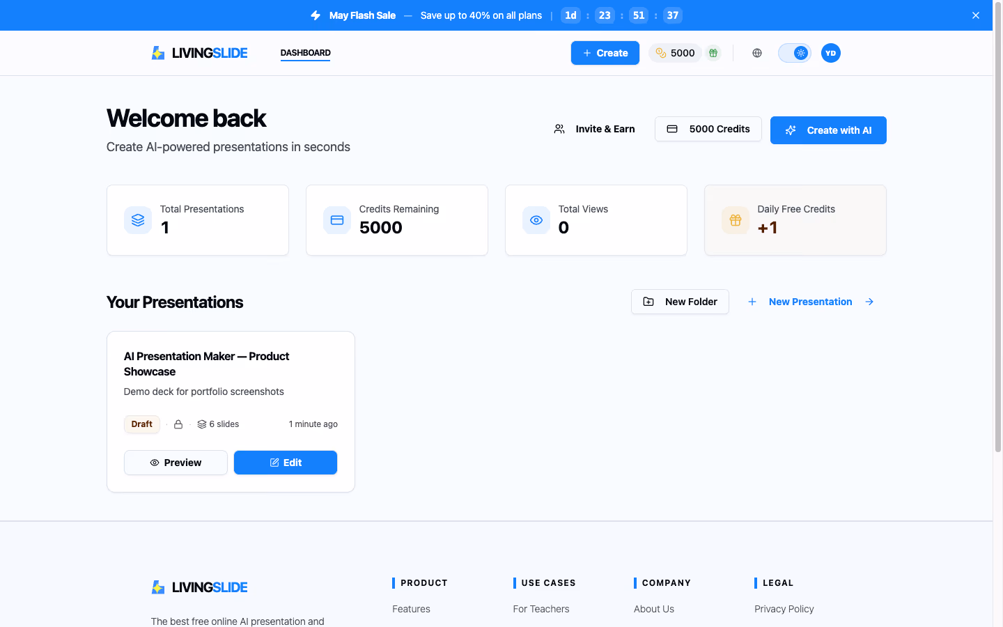 Dashboard — async job status, credit balance, and per-deck quick actions