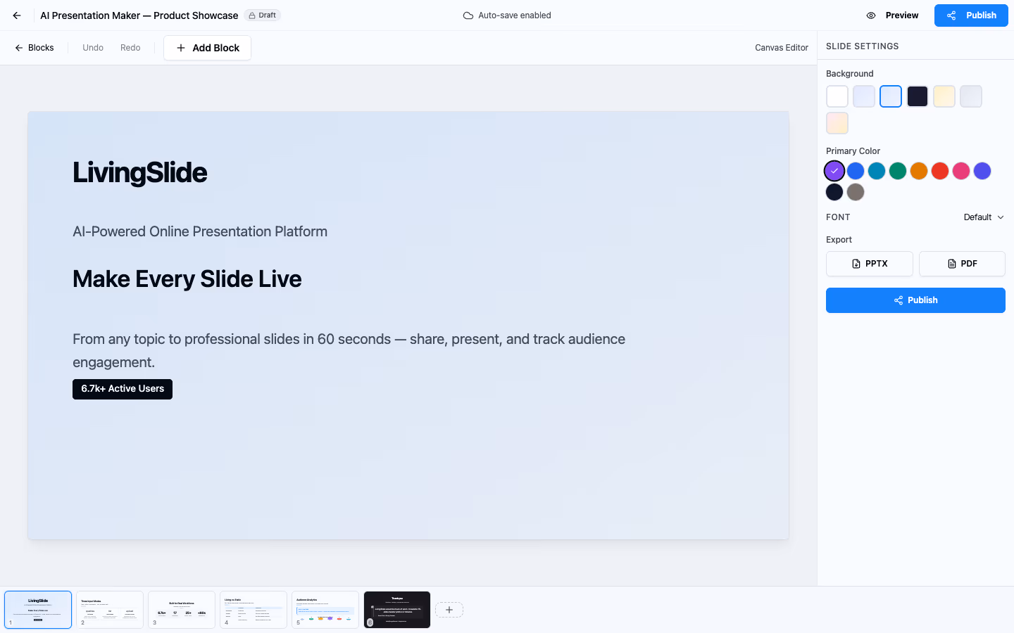 Cover slide on a gradient background, with the Slide Settings panel on the right
