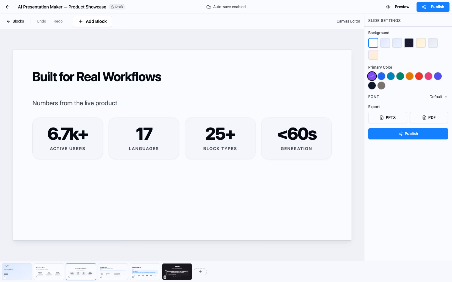 Stats block — 4-column number row, typed once and styled automatically