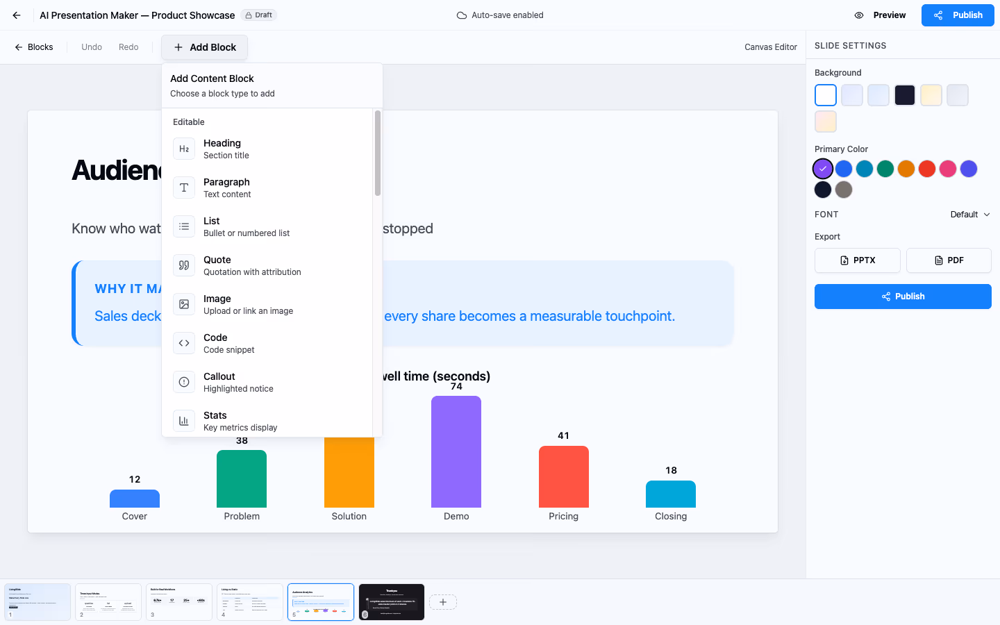 The Add Block popover — 25+ block types one click away