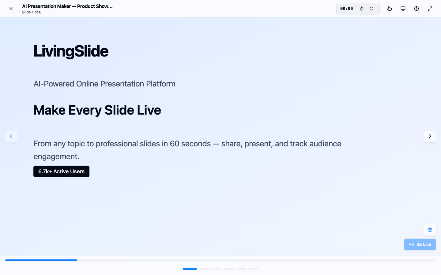 Presenter mode — timer, laser pointer, audience-sync "Go Live" trigger