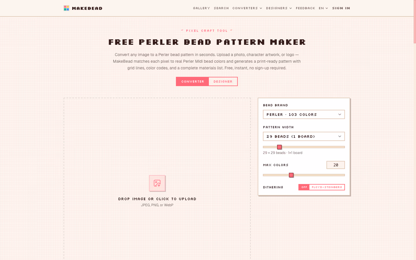 Image-to-Pattern converter — upload, the engine pixelises against authentic bead palettes
