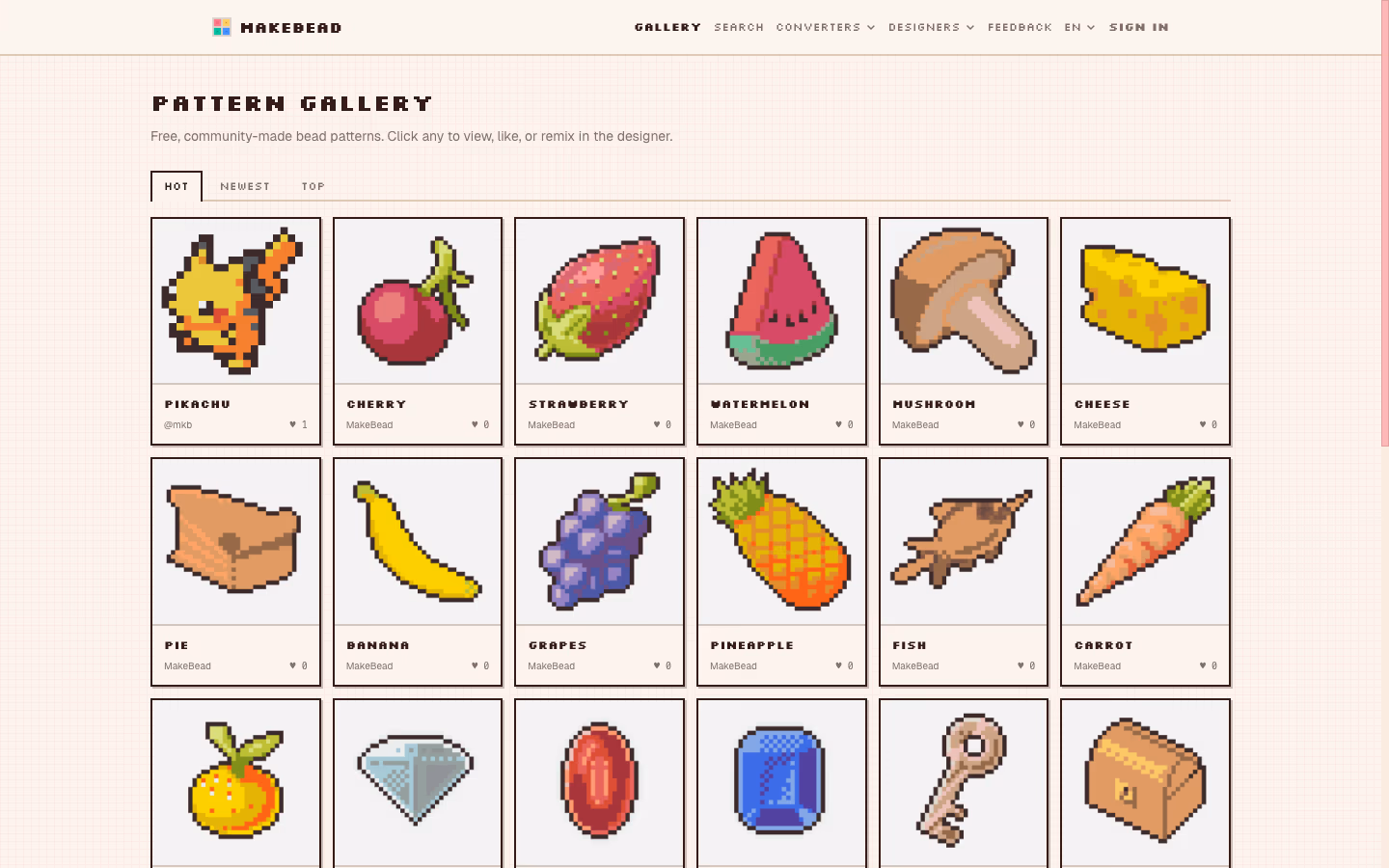 Community gallery — public patterns, browsable by popular / newest / best, with likes and saves