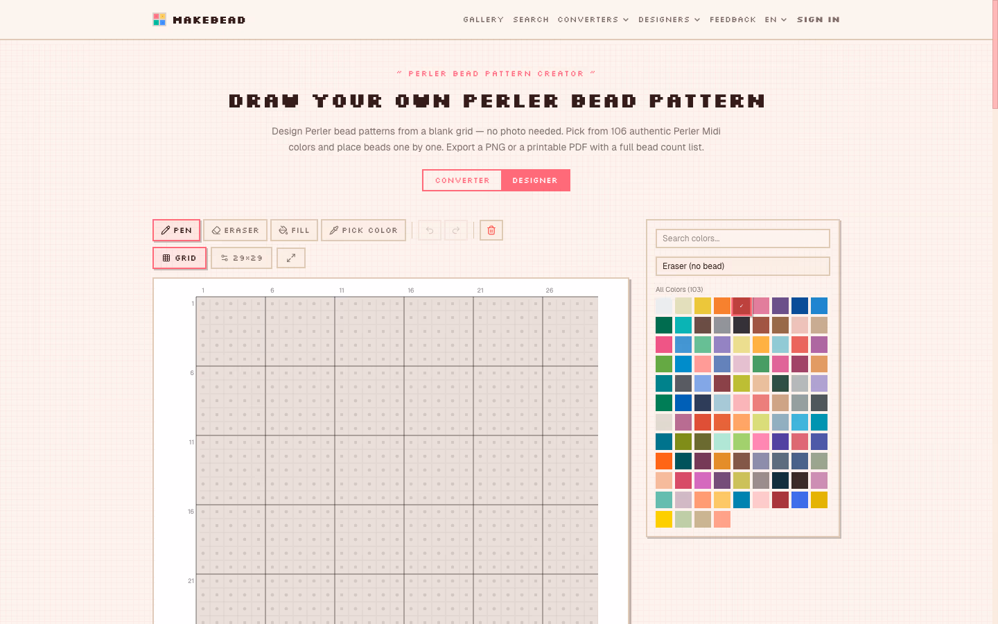 Free-draw designer — pen / eraser / fill / pick-colour, multi-board grids